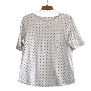 Croft and Barrow white and black dot print scalloped boat neckline, size PL